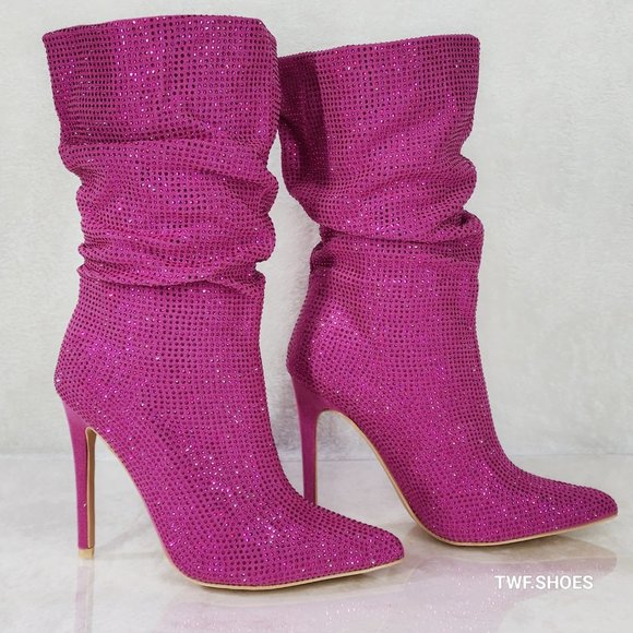 Resolve Sparkling Pink Rhinestone High Heel Slouch Calf Boots New Years Bling - Picture 15 of 15